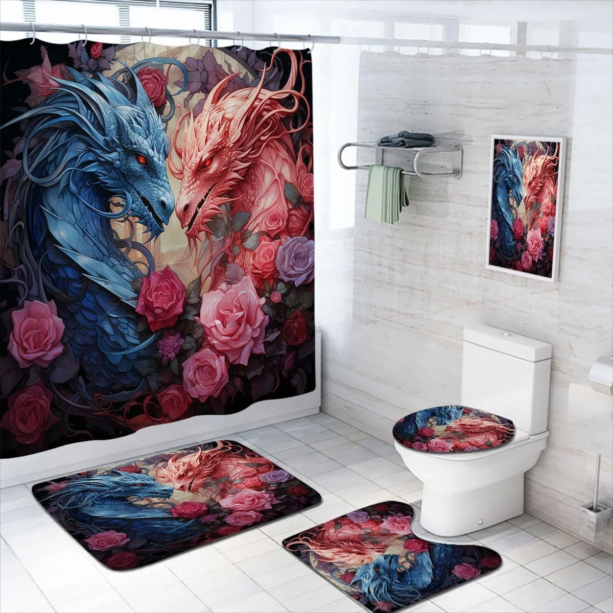 4 Pcs Dragon Bathroom Shower Curtain Set with Rugs,Toilet Lid Cover, Bath Mat...