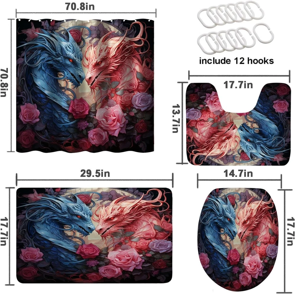 4 Pcs Dragon Bathroom Shower Curtain Set with Rugs,Toilet Lid Cover, Bath Mat...