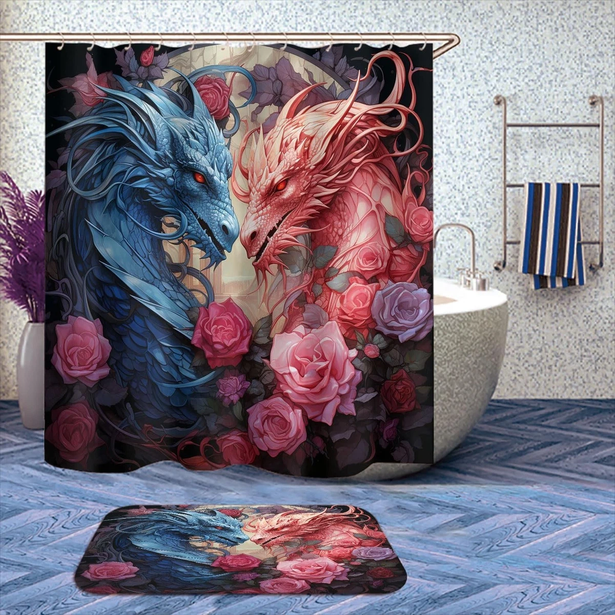 4 Pcs Dragon Bathroom Shower Curtain Set with Rugs,Toilet Lid Cover, Bath Mat...