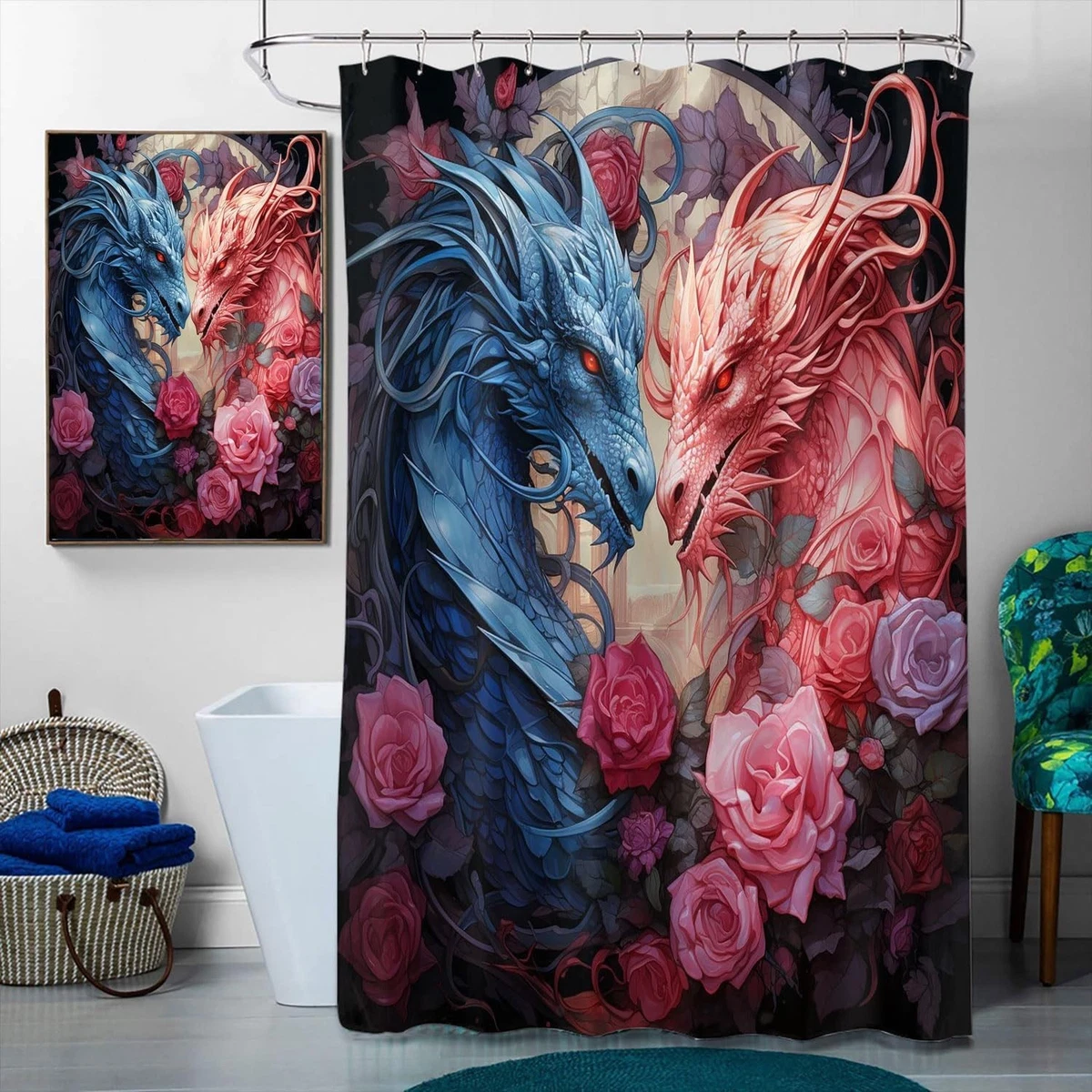 4 Pcs Dragon Bathroom Shower Curtain Set with Rugs,Toilet Lid Cover, Bath Mat...