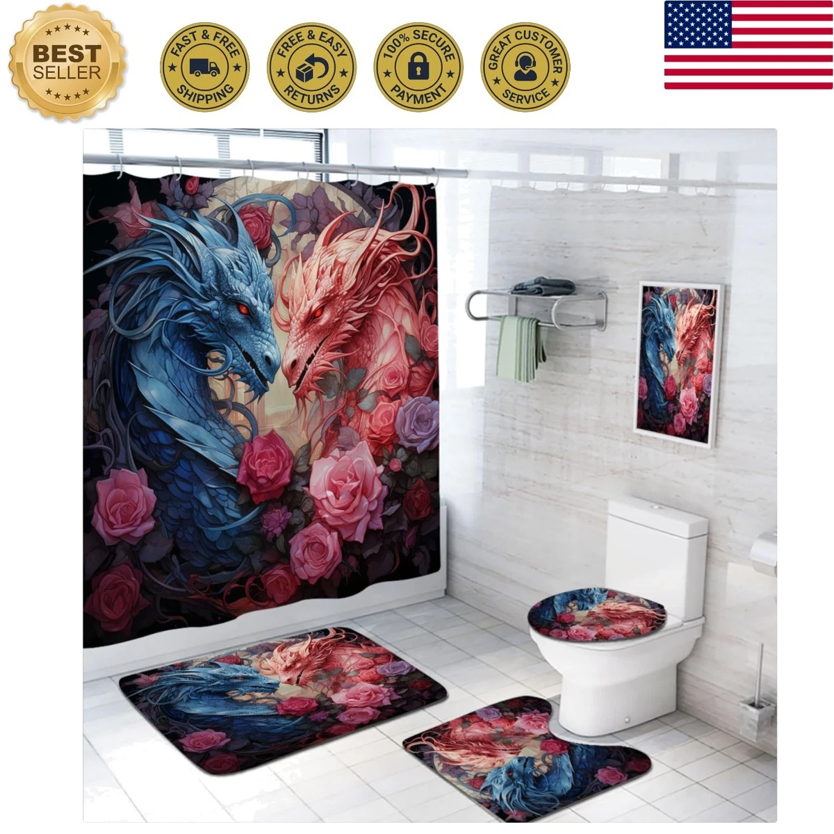 4 Pcs Dragon Bathroom Shower Curtain Set with Rugs,Toilet Lid Cover, Bath Mat...