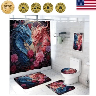 4 Pcs Dragon Bathroom Shower Curtain Set with Rugs,Toilet Lid Cover, Bath Mat...
