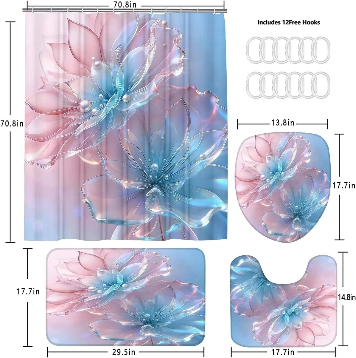 4 Pcs Floral Shower Curtain Set Bathroom Decor Rugs Toilet Lid Cover Hooks