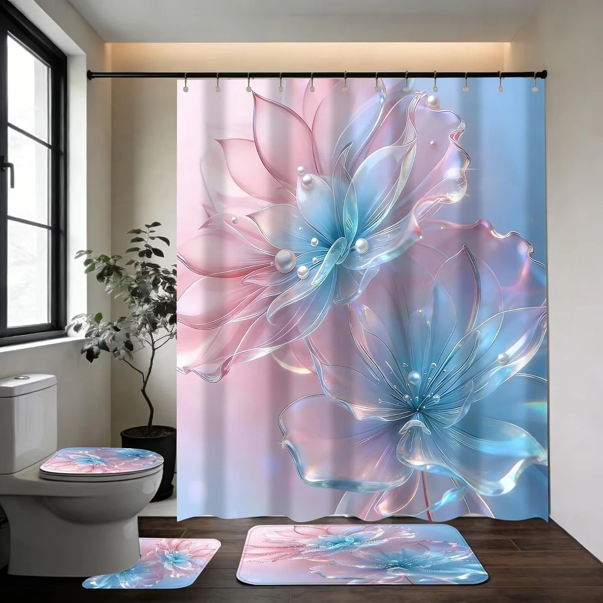 4 Pcs Floral Shower Curtain Set Bathroom Decor Rugs Toilet Lid Cover Hooks