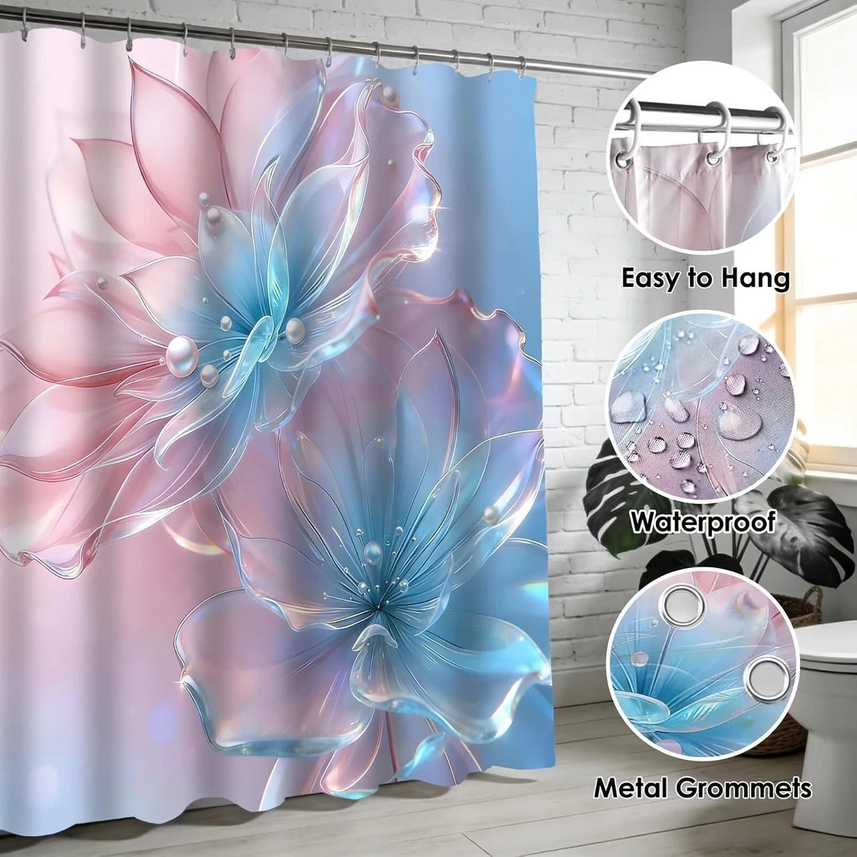 4 Pcs Floral Shower Curtain Set Bathroom Decor Rugs Toilet Lid Cover Hooks