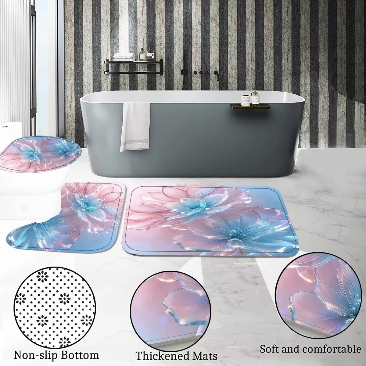 4 Pcs Floral Shower Curtain Set Bathroom Decor Rugs Toilet Lid Cover Hooks