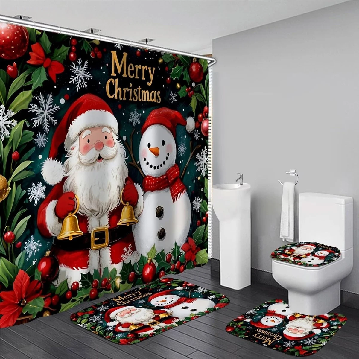 4 Pcs Floral Shower Curtain Set Bathroom Decor Rugs Toilet Lid Cover Hooks