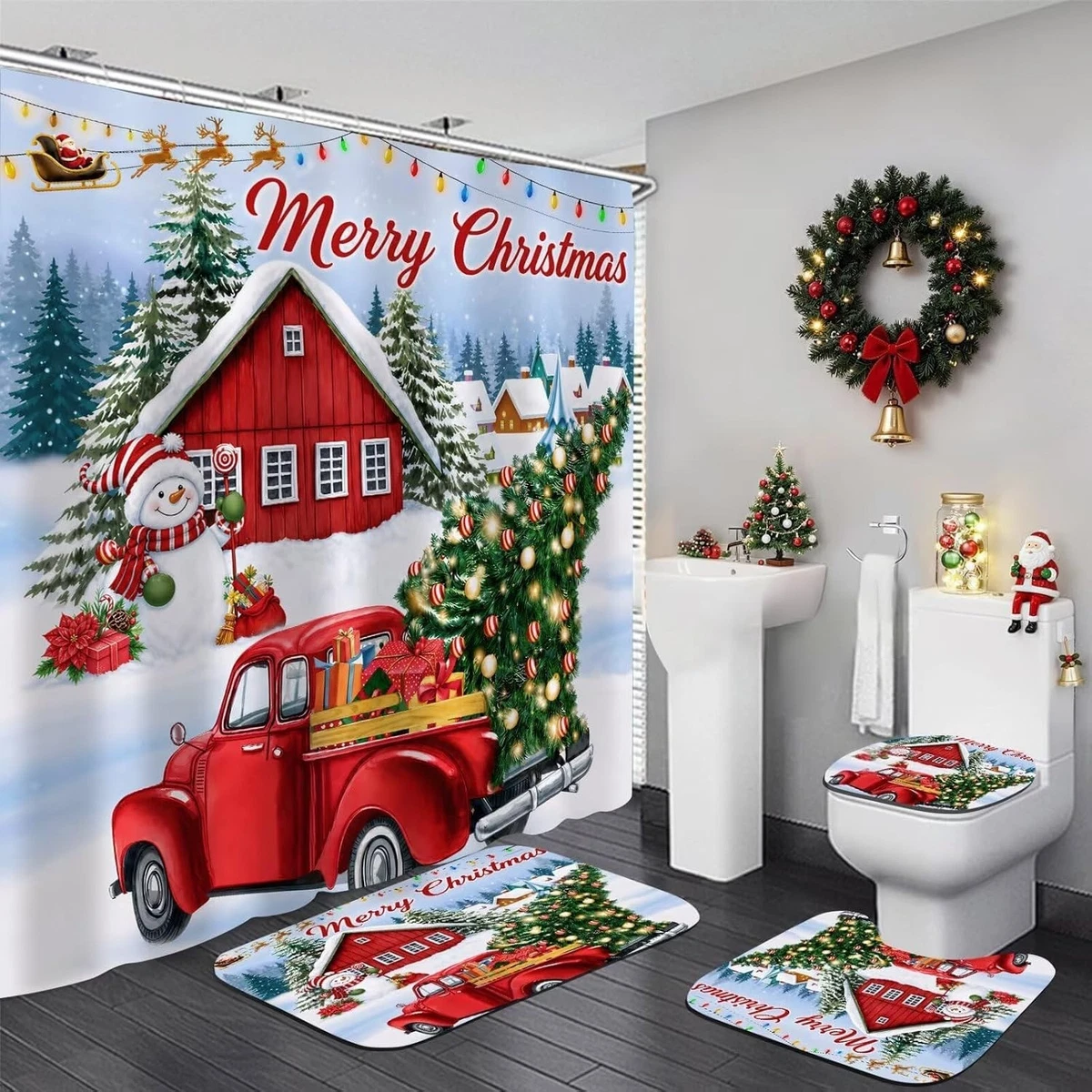 4 Pcs Floral Shower Curtain Set Bathroom Decor Rugs Toilet Lid Cover Hooks