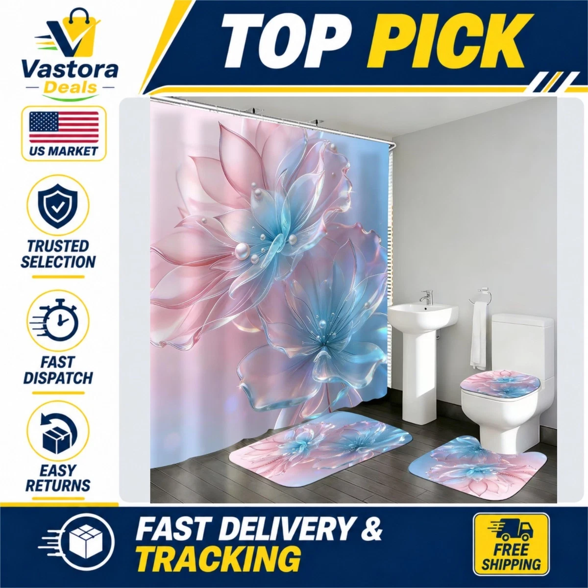 4 Pcs Floral Shower Curtain Set Bathroom Decor Rugs Toilet Lid Cover Hooks