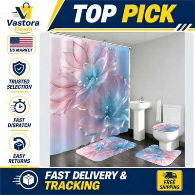 4 Pcs Floral Shower Curtain Set Bathroom Decor Rugs Toilet Lid Cover Hooks