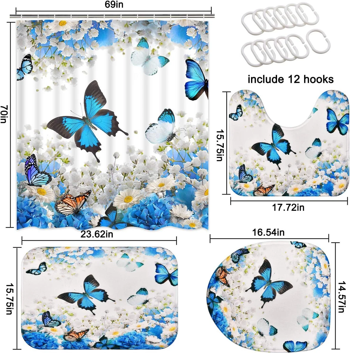 4 Pcs Flower Butterfly Shower Curtain Set with Non-Slip Rug, Toilet Lid Cover...