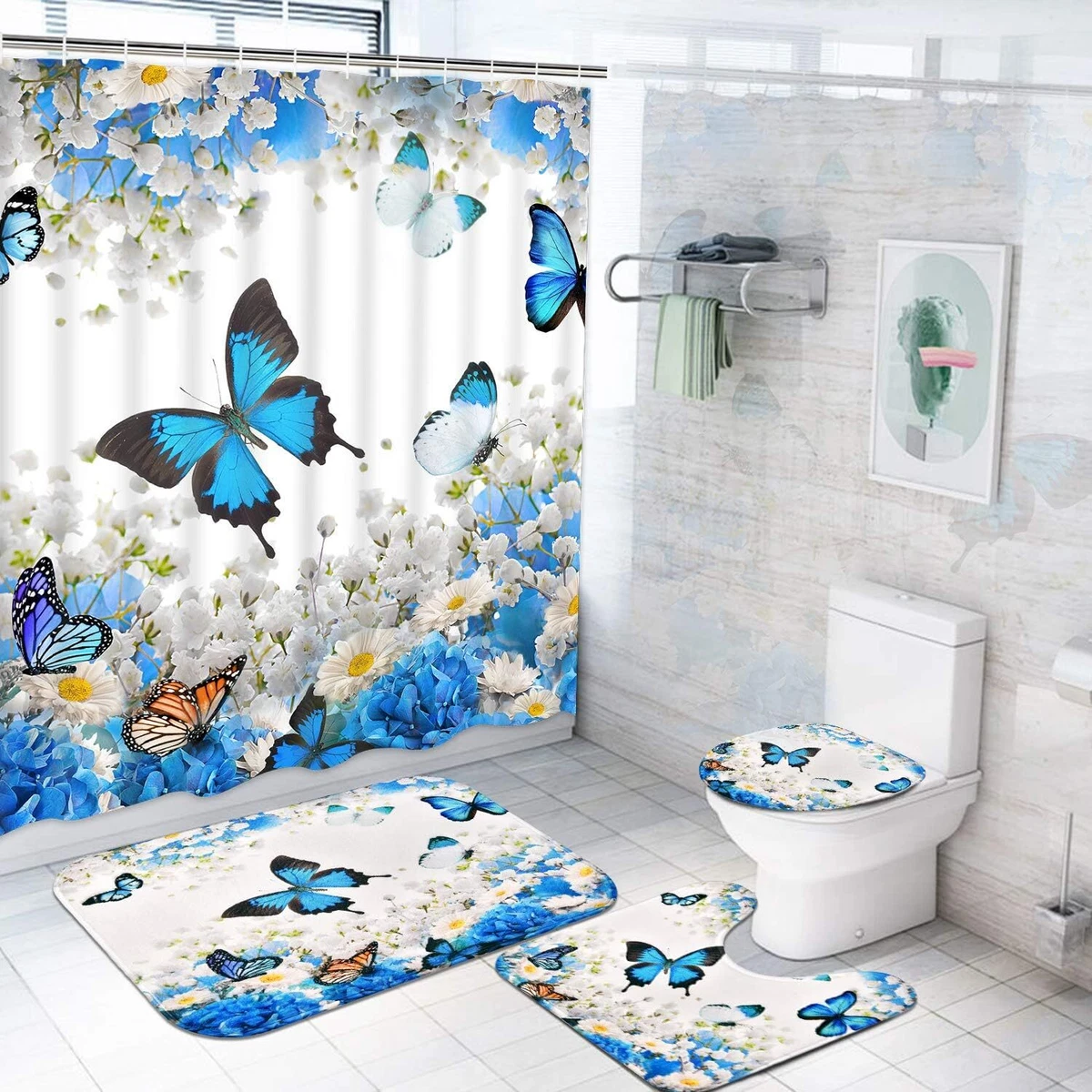 4 Pcs Flower Butterfly Shower Curtain Set with Non-Slip Rug, Toilet Lid Cover...