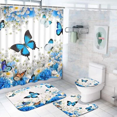 4 Pcs Flower Butterfly Shower Curtain Set with Non-Slip Rug, Toilet Lid Cover...