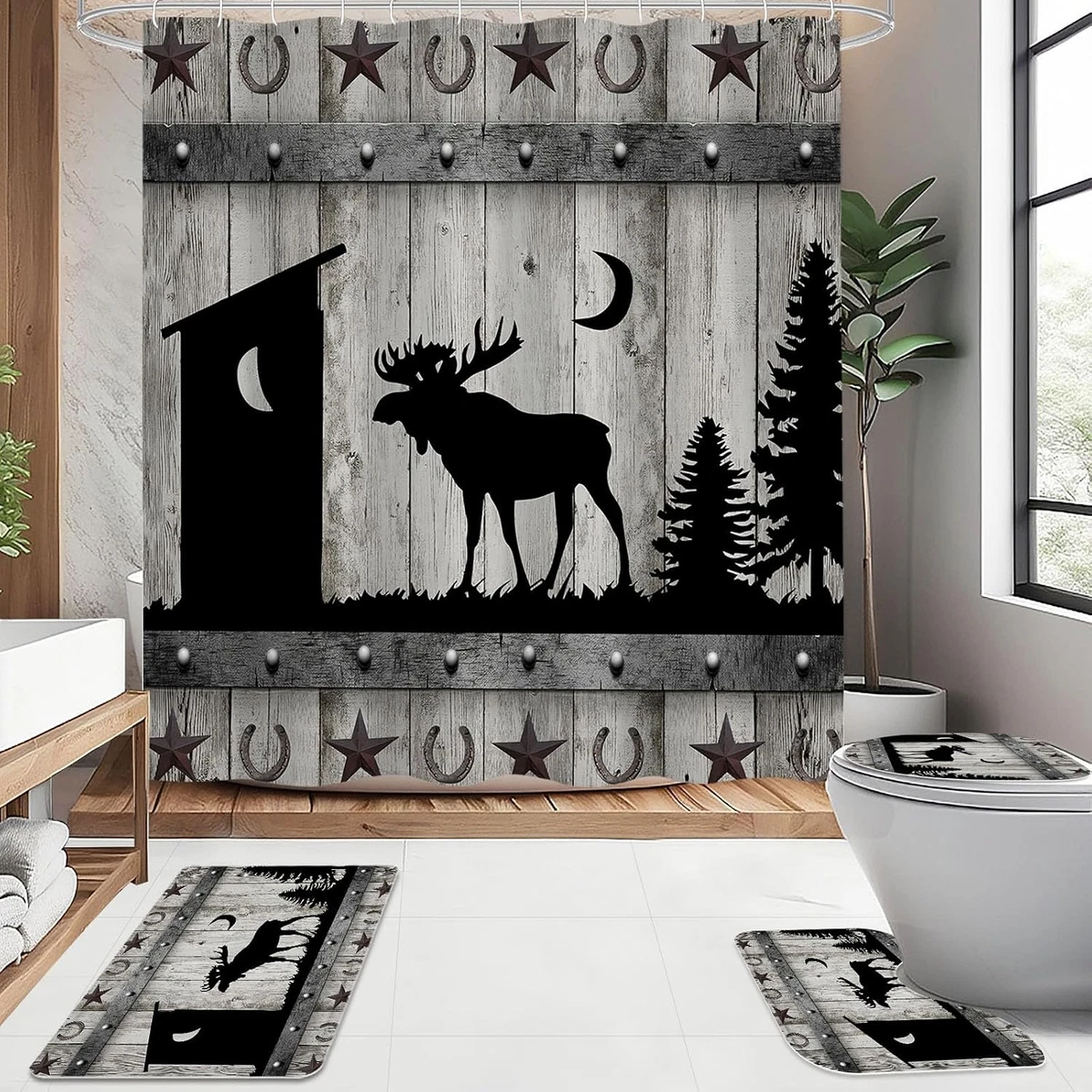 4 Pcs Forest Deer Shower Curtain Set with Non-Slip Rugs, Toilet Lid Cover and Ba