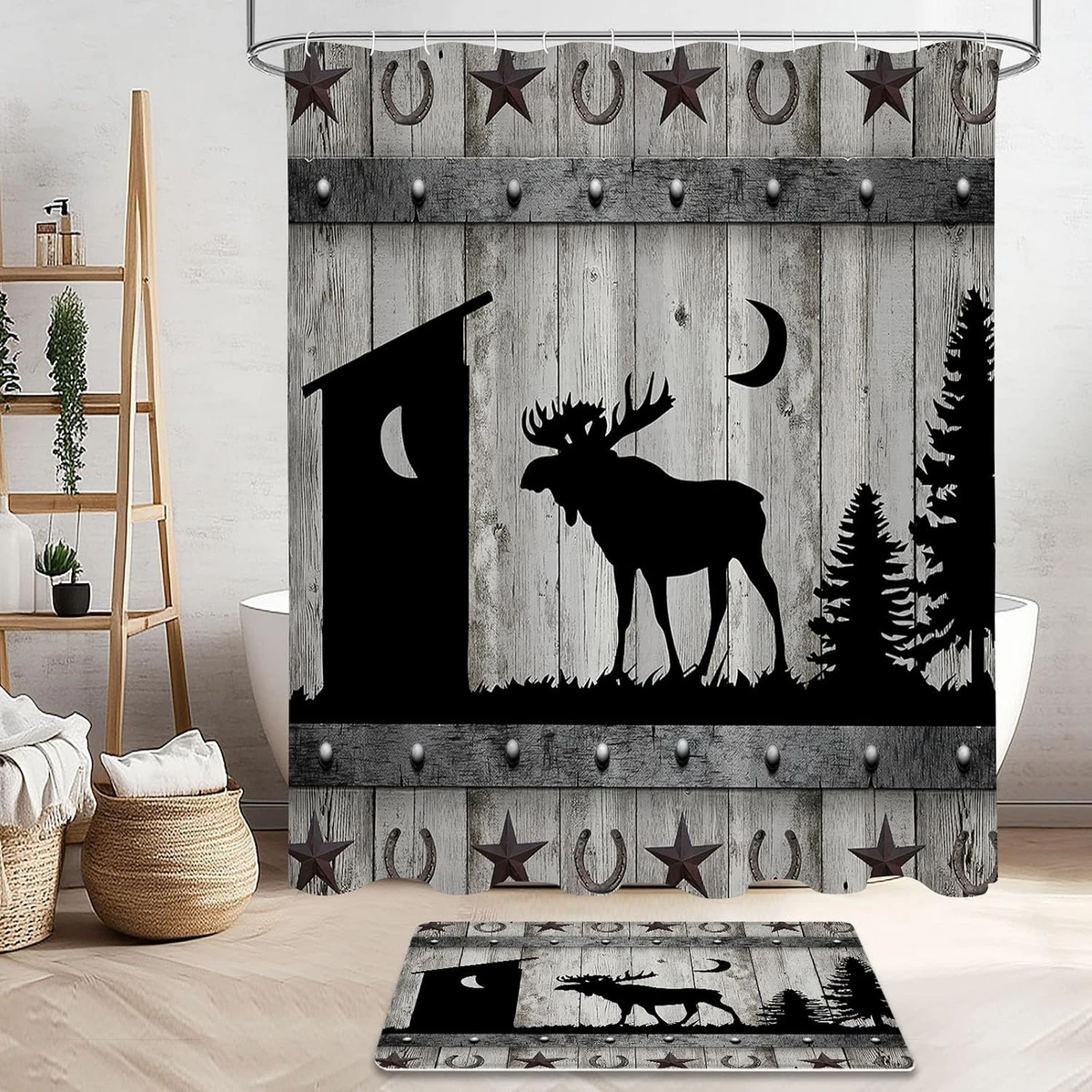 4 Pcs Forest Deer Shower Curtain Set with Non-Slip Rugs, Toilet Lid Cover and Ba