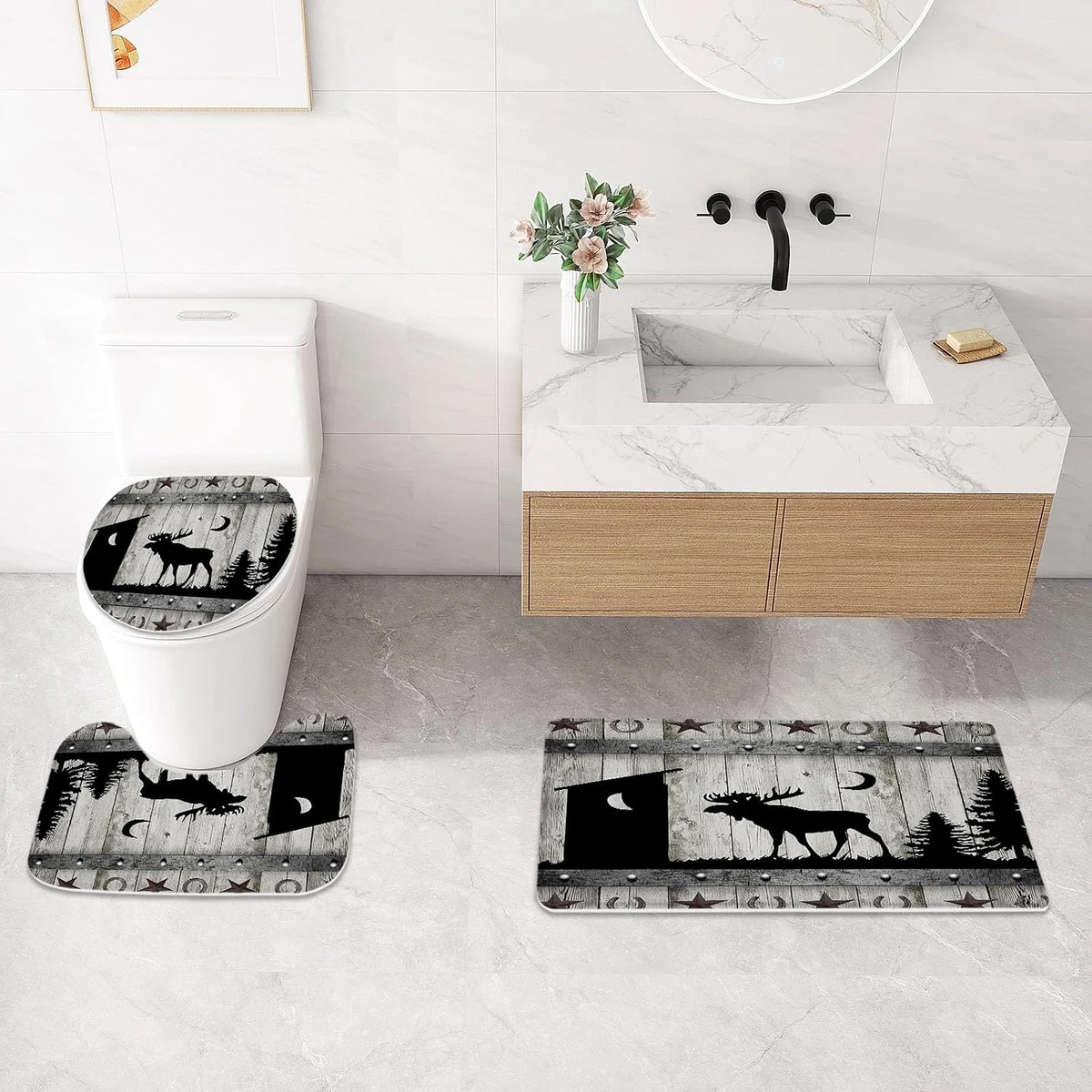 4 Pcs Forest Deer Shower Curtain Set with Non-Slip Rugs, Toilet Lid Cover and Ba