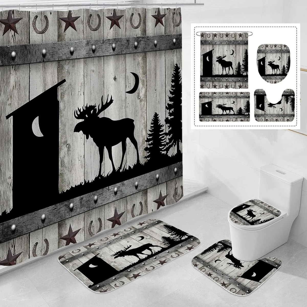 4 Pcs Forest Deer Shower Curtain Set with Non-Slip Rugs, Toilet Lid Cover and Ba