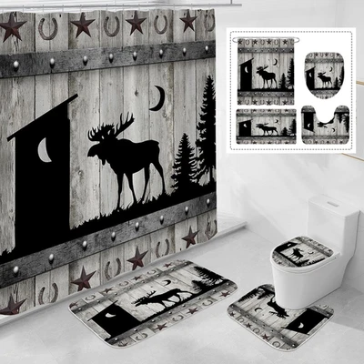 4 Pcs Forest Deer Shower Curtain Set with Non-Slip Rugs, Toilet Lid Cover and Ba