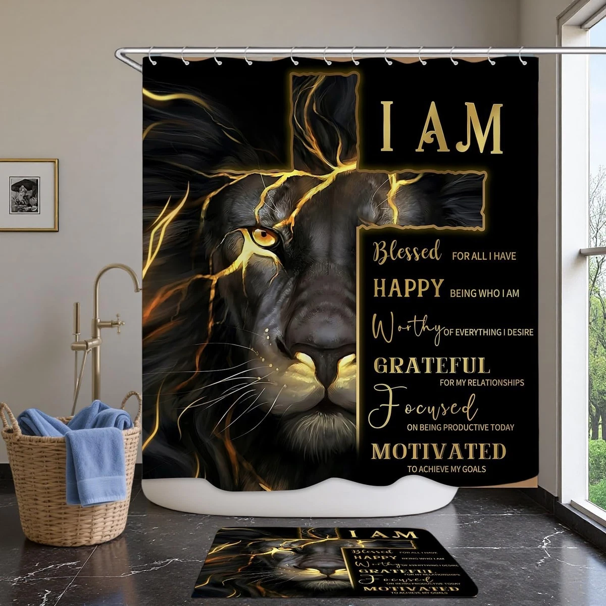 4 Pcs Gold Cross and Lion Shower Curtain Set with Rugs and Toilet Lid Cover, Bl