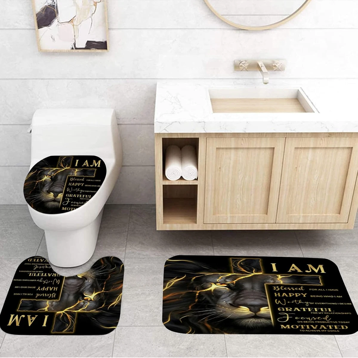 4 Pcs Gold Cross and Lion Shower Curtain Set with Rugs and Toilet Lid Cover, Bl