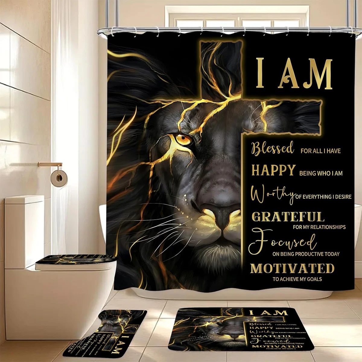 4 Pcs Gold Cross and Lion Shower Curtain Set with Rugs and Toilet Lid Cover, Bl
