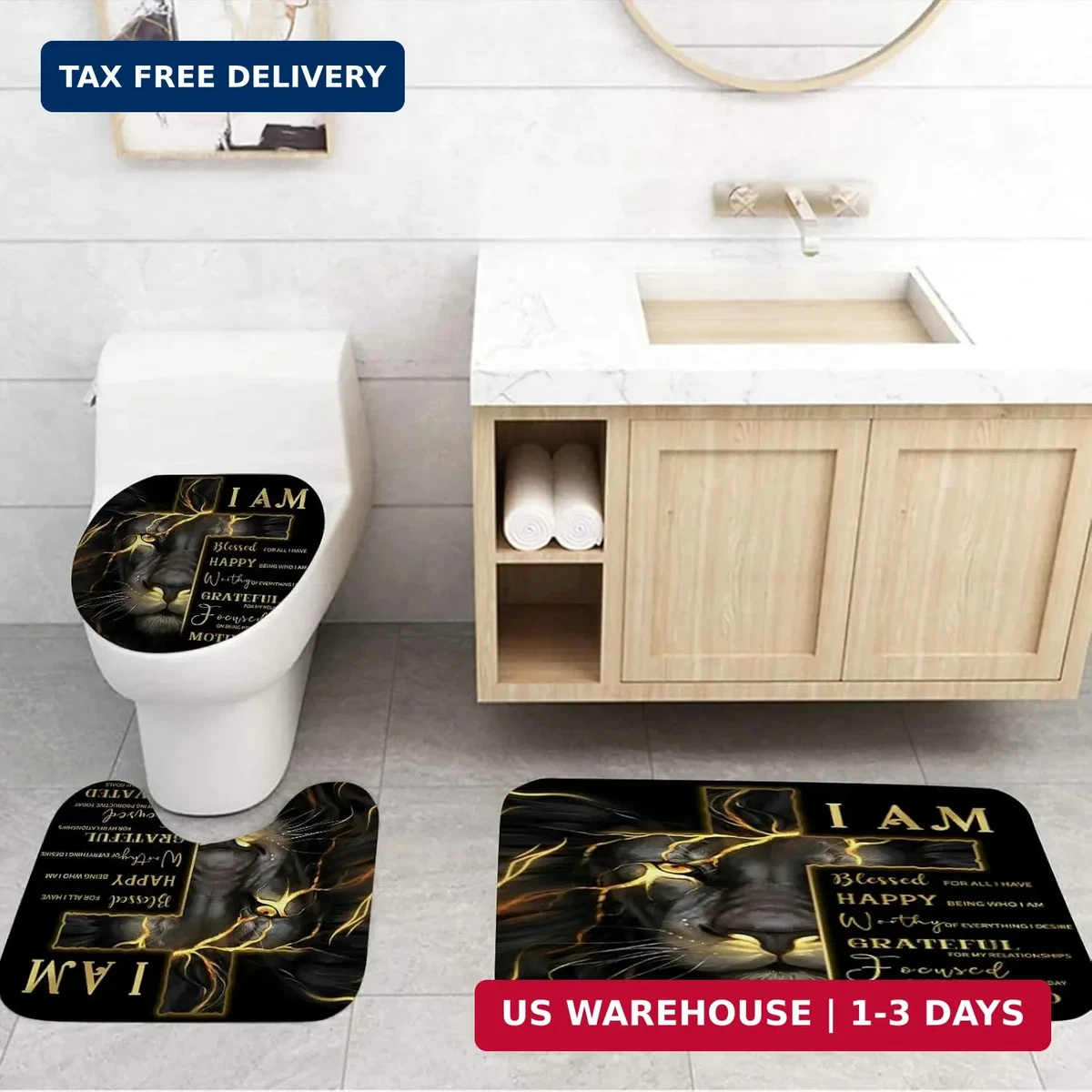 4 Pcs Gold Cross and Lion Shower Curtain Set with Rugs and Toilet Lid Cover, Bla