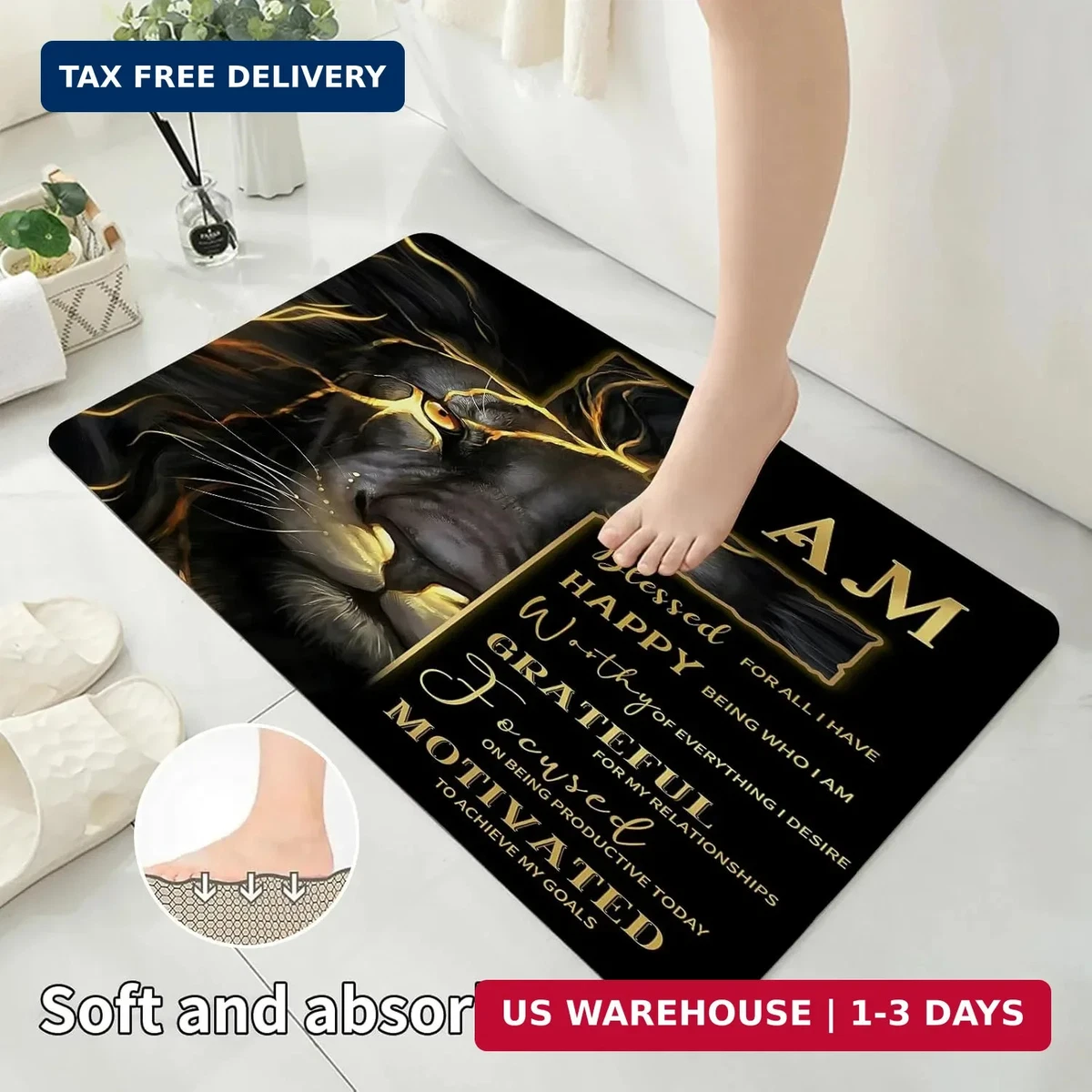 4 Pcs Gold Cross and Lion Shower Curtain Set with Rugs and Toilet Lid Cover, Bla