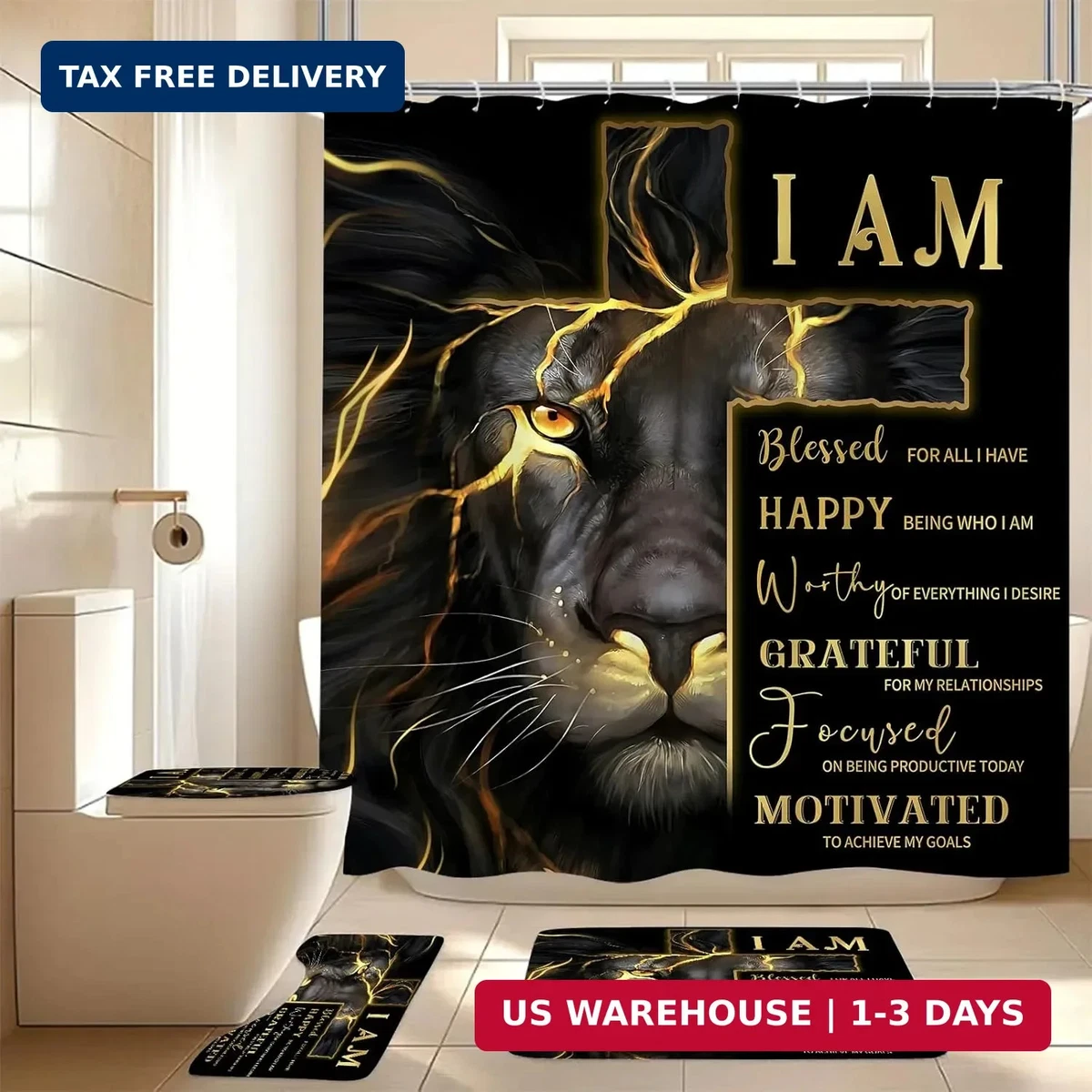 4 Pcs Gold Cross and Lion Shower Curtain Set with Rugs and Toilet Lid Cover, Bla