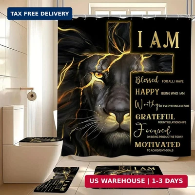 4 Pcs Gold Cross and Lion Shower Curtain Set with Rugs and Toilet Lid Cover, Bla