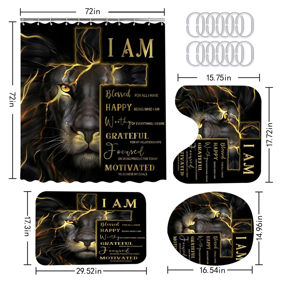 4 Pcs Gold Cross and Lion Shower Curtain Set with Rugs and Toilet Lid Cover, ...