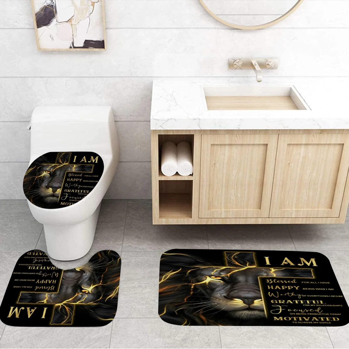 4 Pcs Gold Cross and Lion Shower Curtain Set with Rugs and Toilet Lid Cover, ...