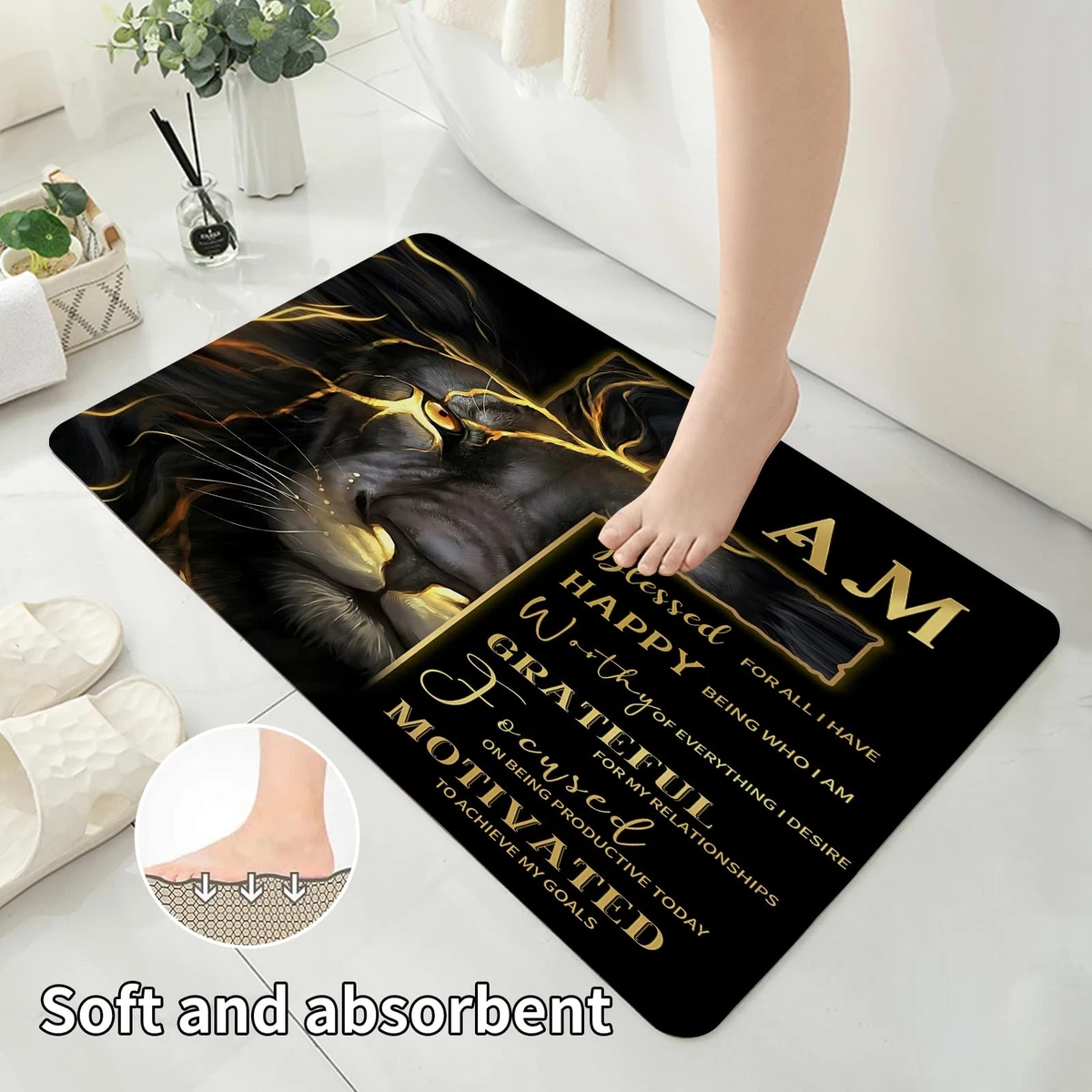 4 Pcs Gold Cross and Lion Shower Curtain Set with Rugs and Toilet Lid Cover, ...