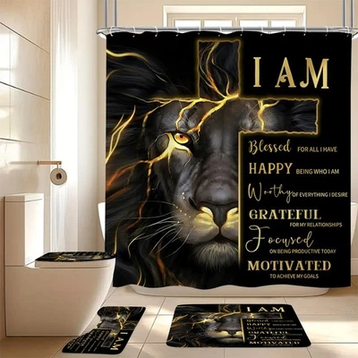 4 Pcs Gold Cross and Lion Shower Curtain Set with Rugs and Toilet Lid Cover, ...