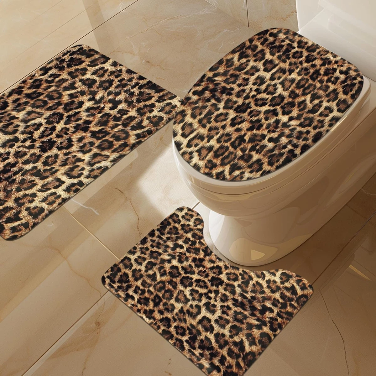 4 PCS Leopard Print Shower Curtain Set 72Wx72H,Toilet Lid Cover,Non-Slip Rugs an
