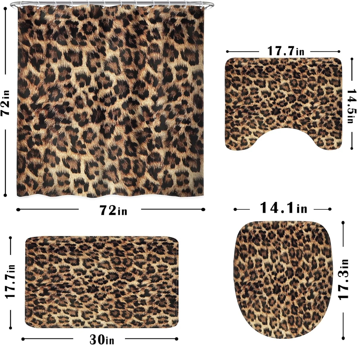 4 PCS Leopard Print Shower Curtain Set 72Wx72H,Toilet Lid Cover,Non-Slip Rugs an