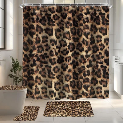 4 PCS Leopard Print Shower Curtain Set 72Wx72H,Toilet Lid Cover,Non-Slip Rugs an