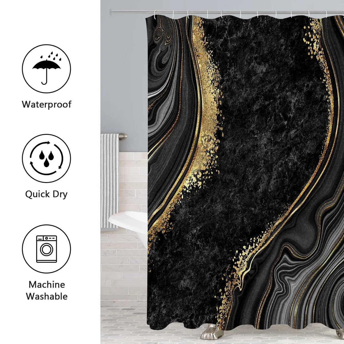 4 Pcs Luxury Marble Shower Curtain Set with Non-Slip Rugs, Toilet Lid Cover a...