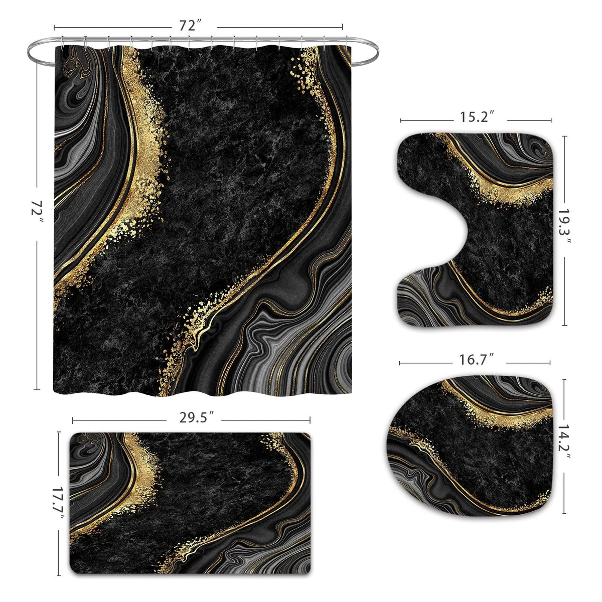 4 Pcs Luxury Marble Shower Curtain Set with Non-Slip Rugs, Toilet Lid Cover a...