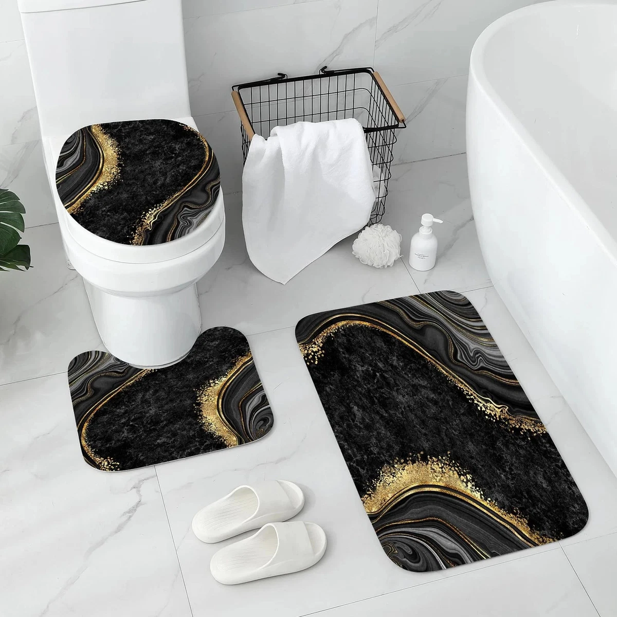 4 Pcs Luxury Marble Shower Curtain Set with Non-Slip Rugs Toilet Lid Cover and 