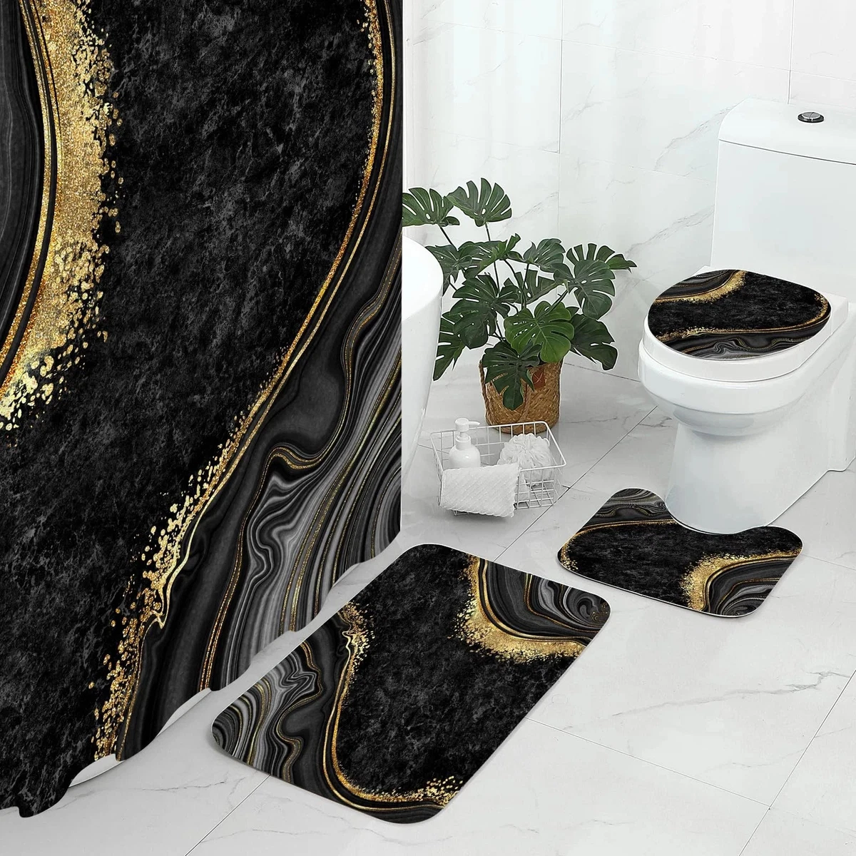 4 Pcs Luxury Marble Shower Curtain Set with Non-Slip Rugs Toilet Lid Cover and 