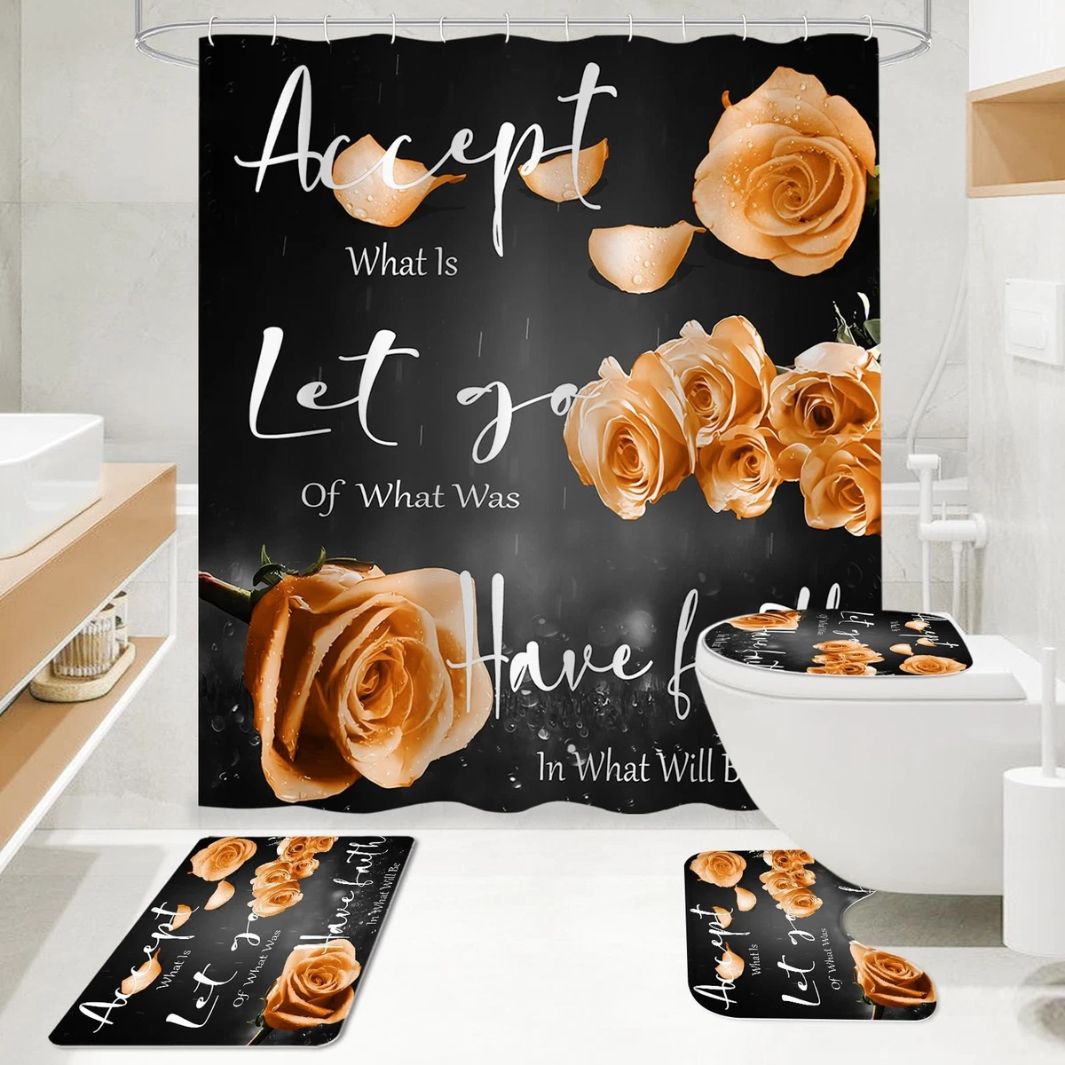 4 Pcs Orange Rose Shower Curtain Sets with Non-Slip Rug, Toilet Lid Cover, Ba...