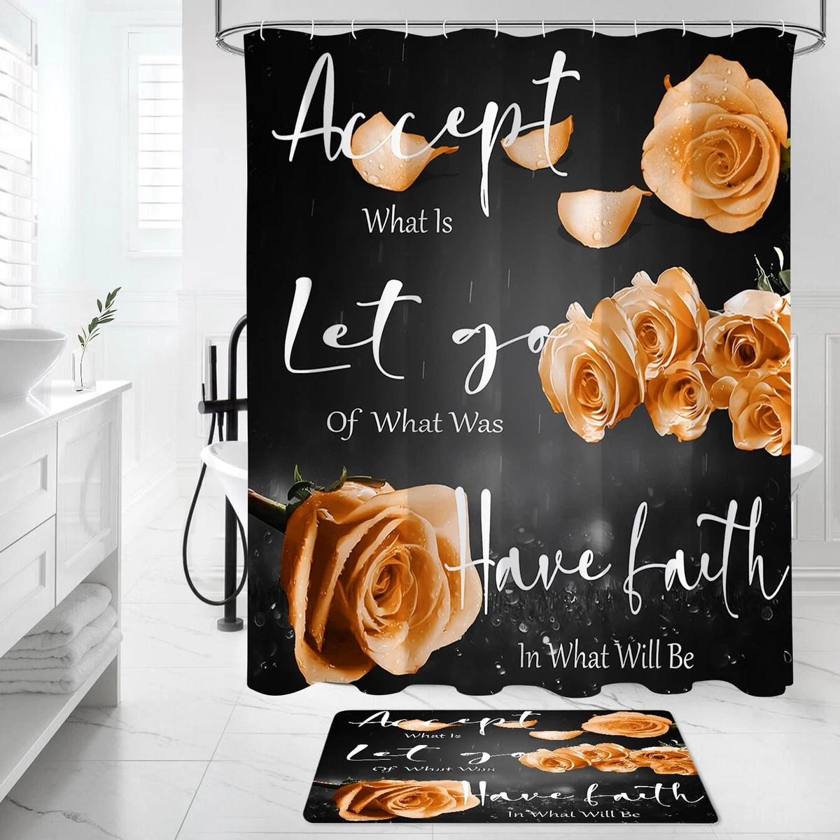 4 Pcs Orange Rose Shower Curtain Sets with Non-Slip Rug, Toilet Lid Cover, Ba...