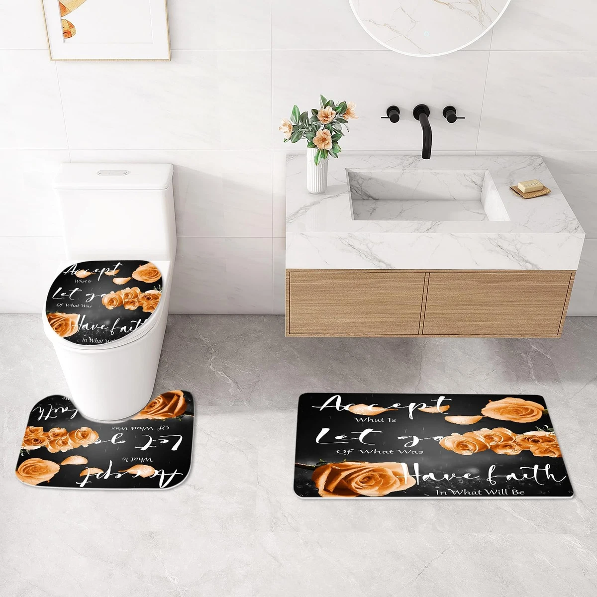 4 Pcs Orange Rose Shower Curtain Sets with Non-Slip Rug, Toilet Lid Cover, Ba...