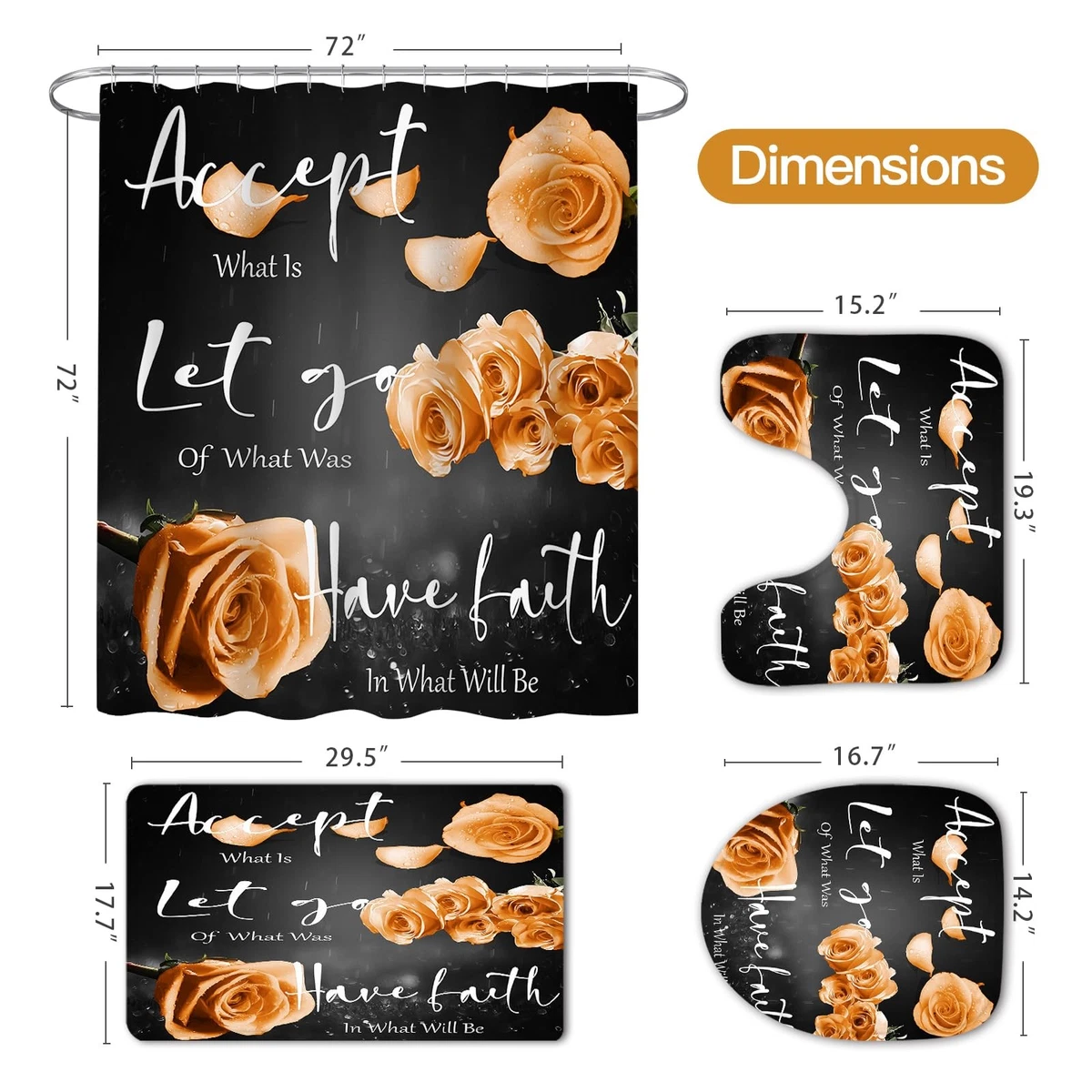 4 Pcs Orange Rose Shower Curtain Sets with Non-Slip Rug, Toilet Lid Cover, Ba...