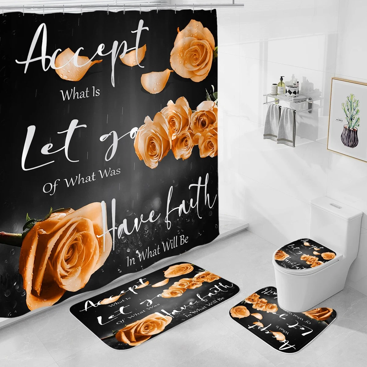 4 Pcs Orange Rose Shower Curtain Sets with Non-Slip Rug, Toilet Lid Cover, Ba...