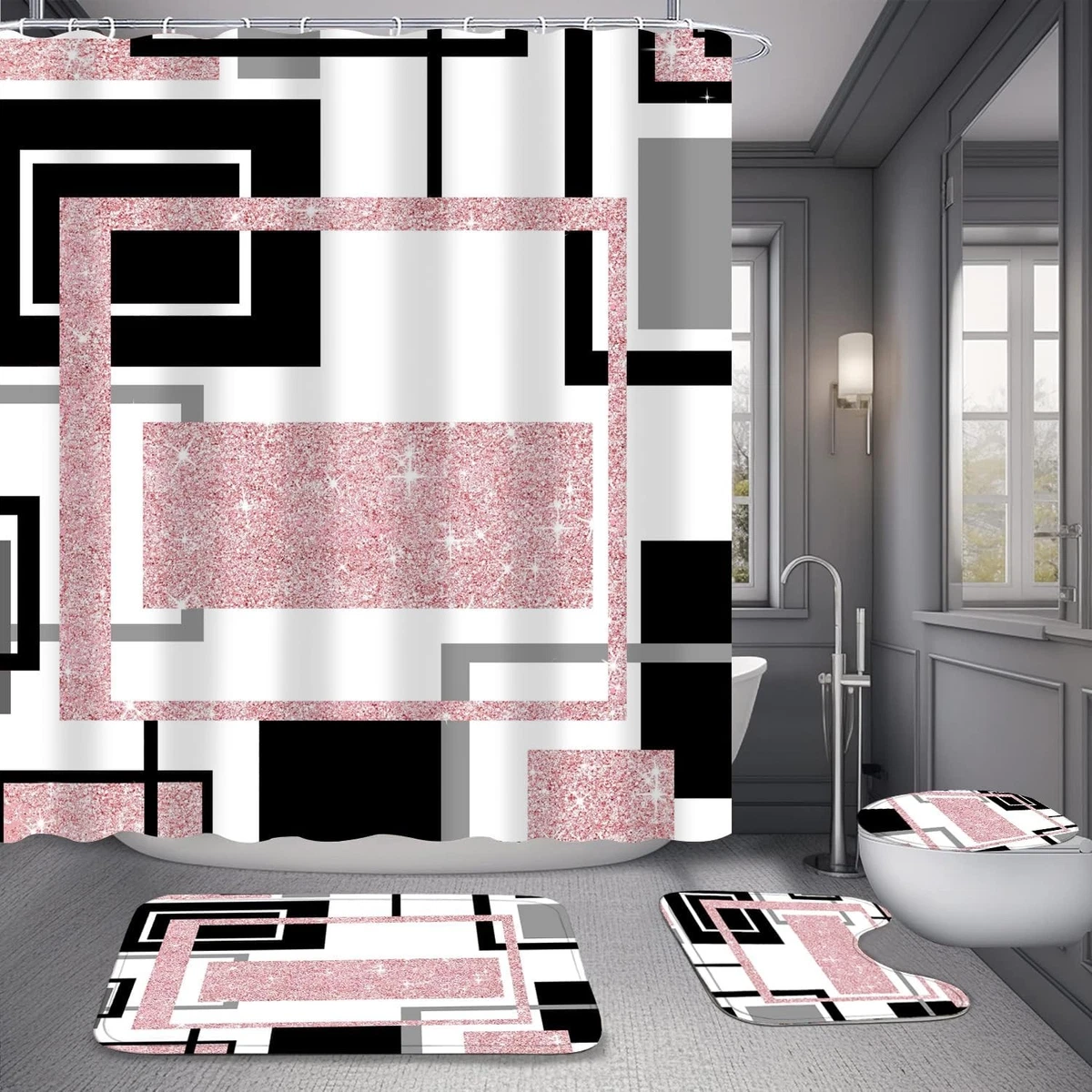 4 Pcs Pink Geometric Shower Curtain Sets Non-Slip Bath Rugs, Toilet Cover, U-Sha