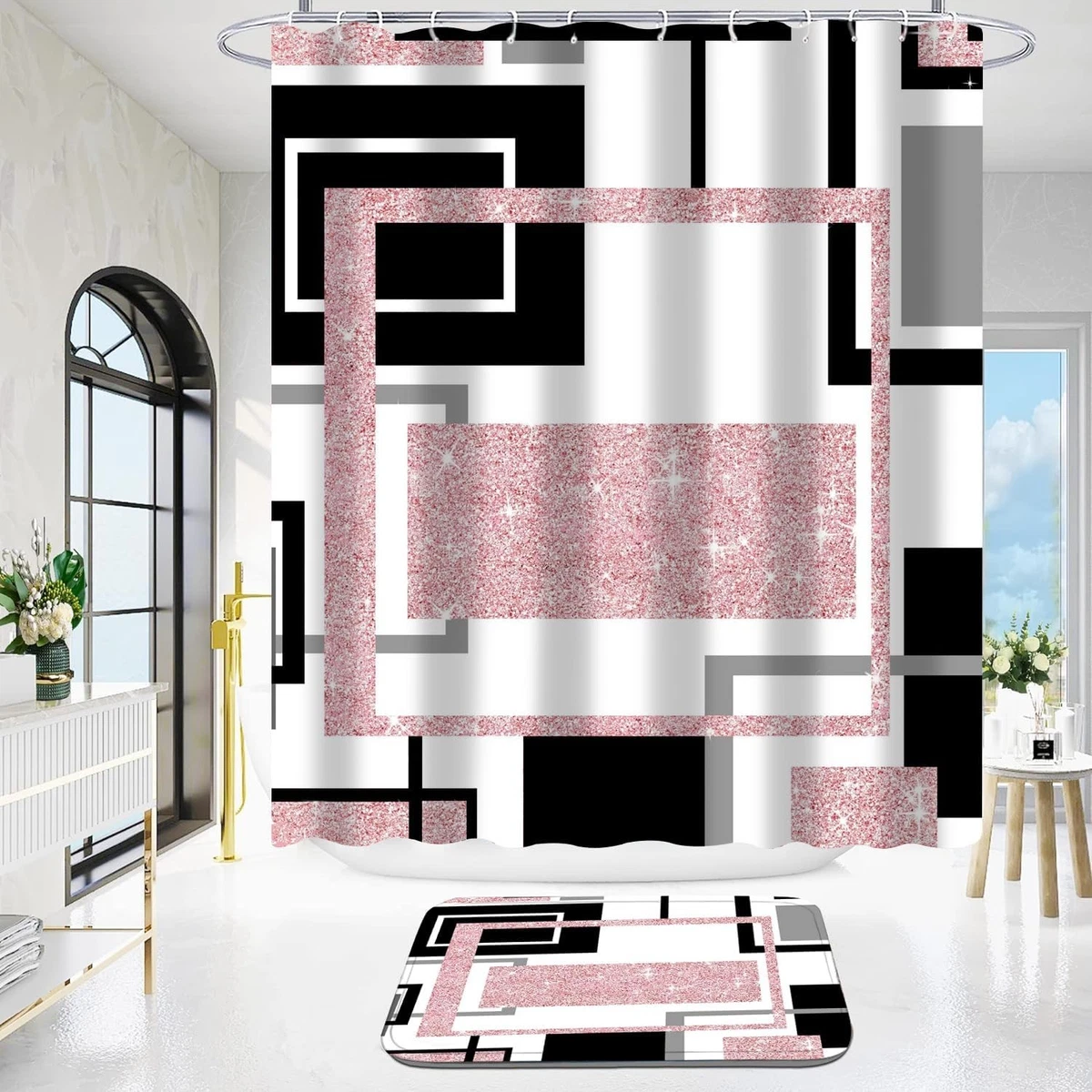 4 Pcs Pink Geometric Shower Curtain Sets Non-Slip Bath Rugs, Toilet Cover, U-Sha