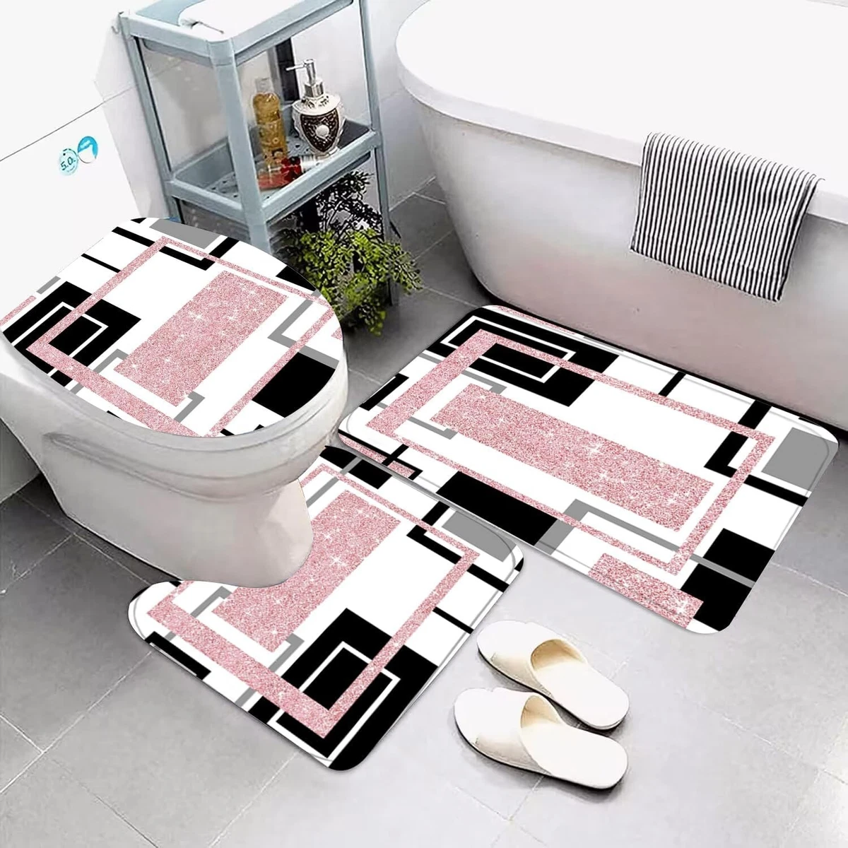 4 Pcs Pink Geometric Shower Curtain Sets Non-Slip Bath Rugs, Toilet Cover, U-Sha