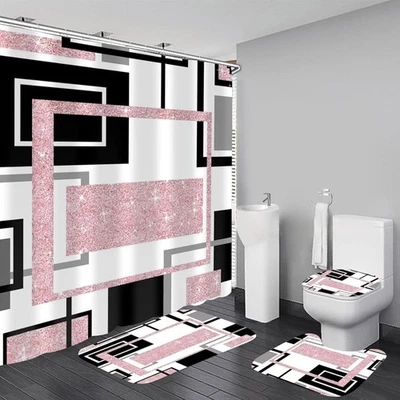 4 Pcs Pink Geometric Shower Curtain Sets Non-Slip Bath Rugs, Toilet Cover, U-Sha