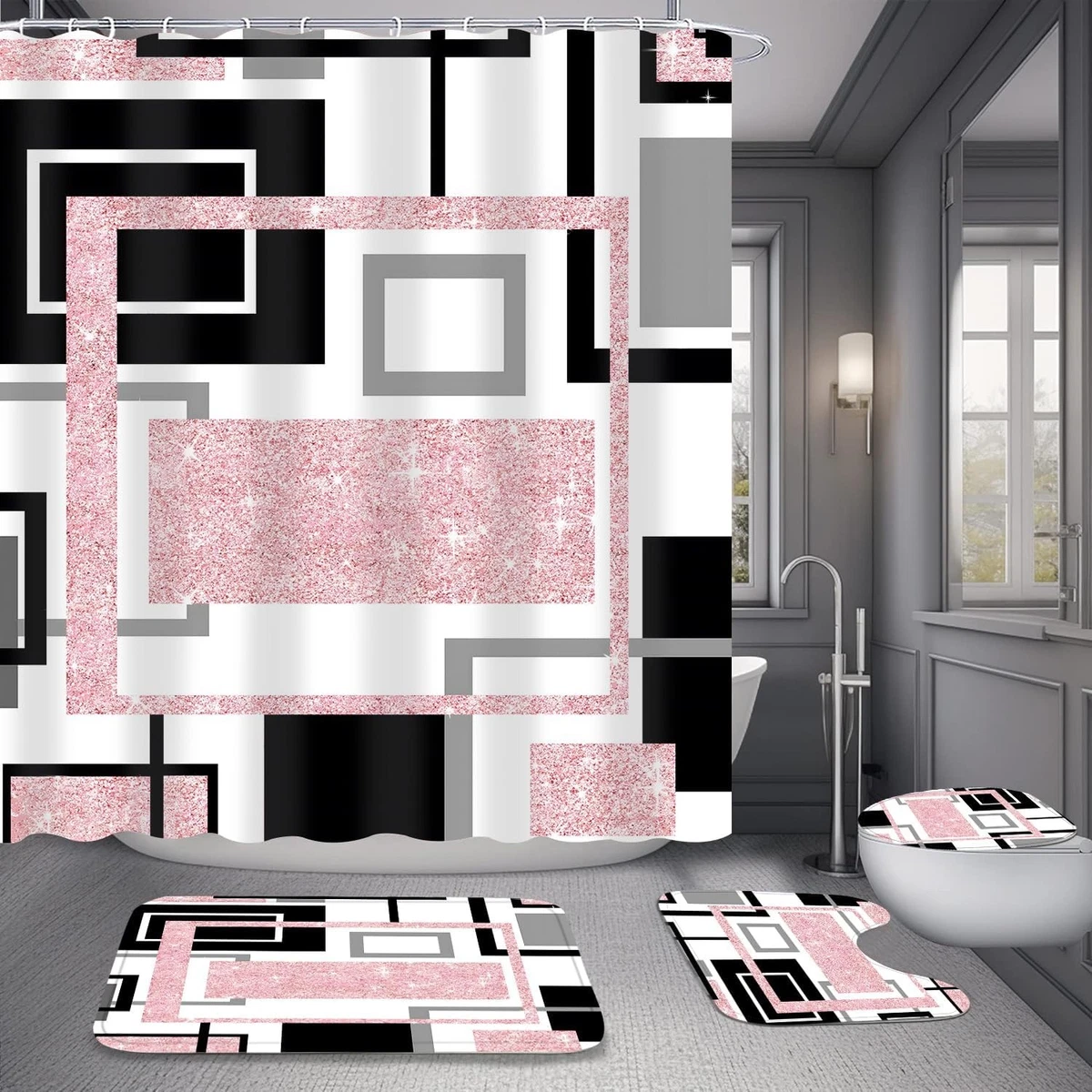 4 Pcs Pink Geometric Shower Curtain Sets Non-Slip Bath Rugs, Toilet Cover,